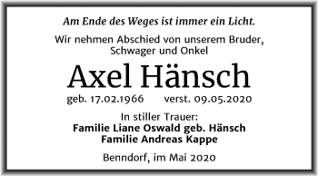 Traueranzeige von Axel Hänsch von Super Sonntag Mansfelder Land