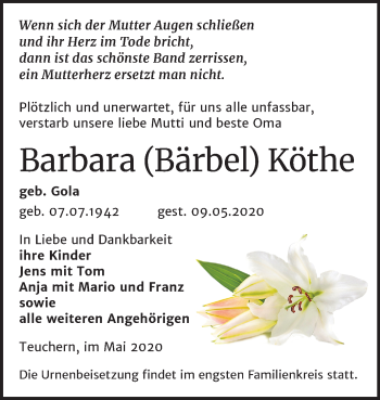 Traueranzeige von Barbara Köthe von Mitteldeutsche Zeitung Weißenfels