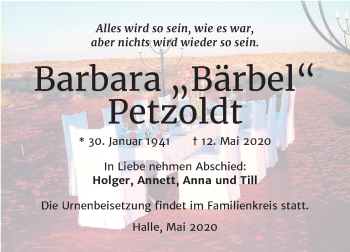 Traueranzeige von Barbara Petzoldt von Mitteldeutsche Zeitung Halle/Saalkreis