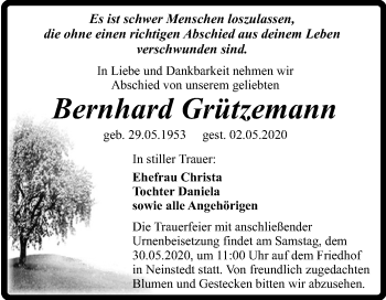Traueranzeige von Bernahrd Grützemann von Super Sonntag Quedlinburg