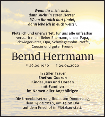 Traueranzeige von Bernd Herrmann von Super Sonntag Bernburg