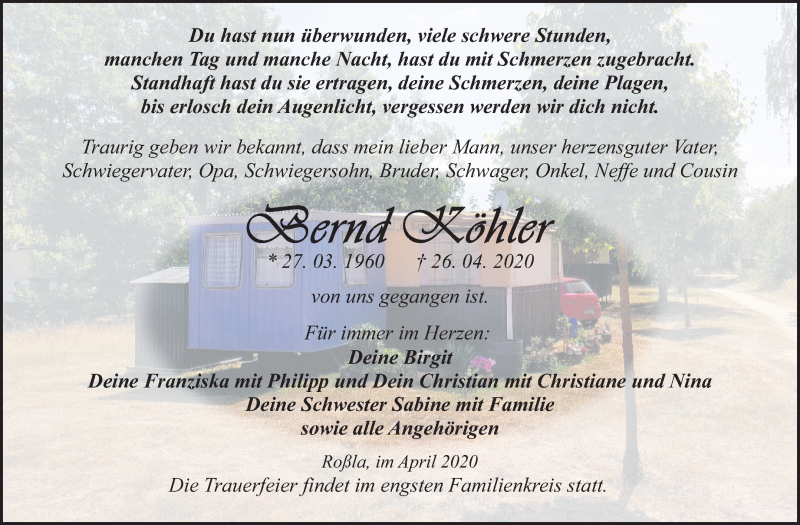  Traueranzeige für Bernd Köhler vom 02.05.2020 aus Super Sonntag Sangerhausen