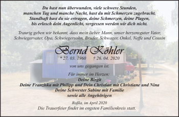Traueranzeige von Bernd Köhler von Super Sonntag Sangerhausen