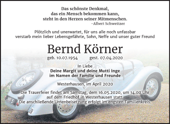 Traueranzeige von Bernd Körner von Super Sonntag Quedlinburg