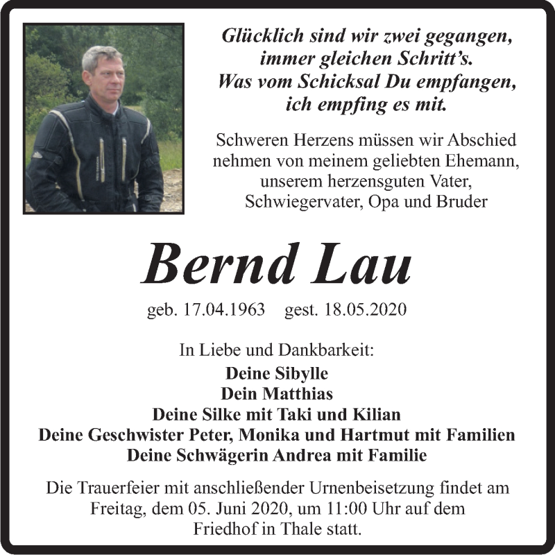  Traueranzeige für Bernd Lau vom 30.05.2020 aus Super Sonntag Quedlinburg