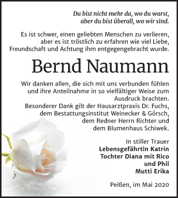 Traueranzeige von Bernd Naumann von Super Sonntag Bernburg