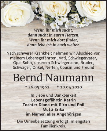 Traueranzeige von Bernd Naumann von Super Sonntag Bernburg