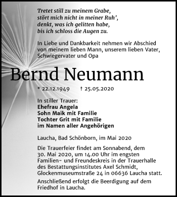 Traueranzeige von Bernd Neumann von Mitteldeutsche Zeitung Naumburg/Nebra