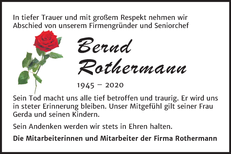  Traueranzeige für Bernd Rothermann vom 30.05.2020 aus Super Sonntag Zeitz