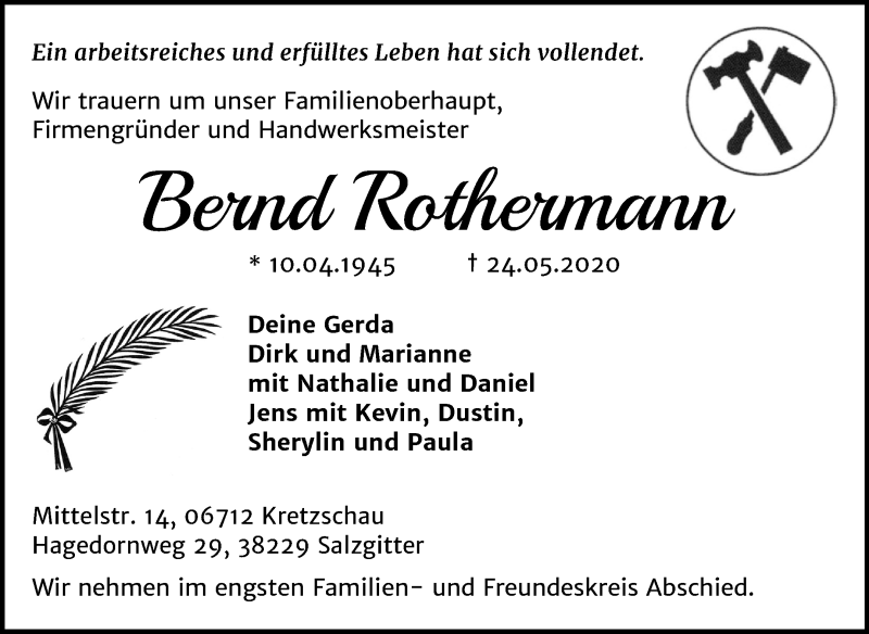  Traueranzeige für Bernd Rothermann vom 30.05.2020 aus Mitteldeutsche Zeitung Zeitz