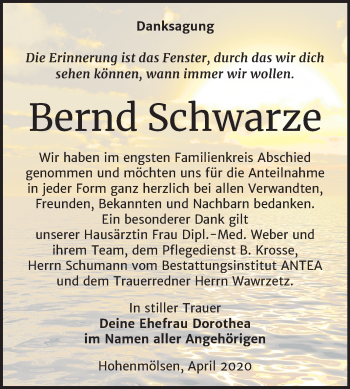 Traueranzeige von Bernd Schwarze von Wochenspiegel Weißenfels
