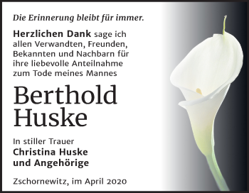 Traueranzeige von Berthold Huske von Mitteldeutsche Zeitung Bitterfeld
