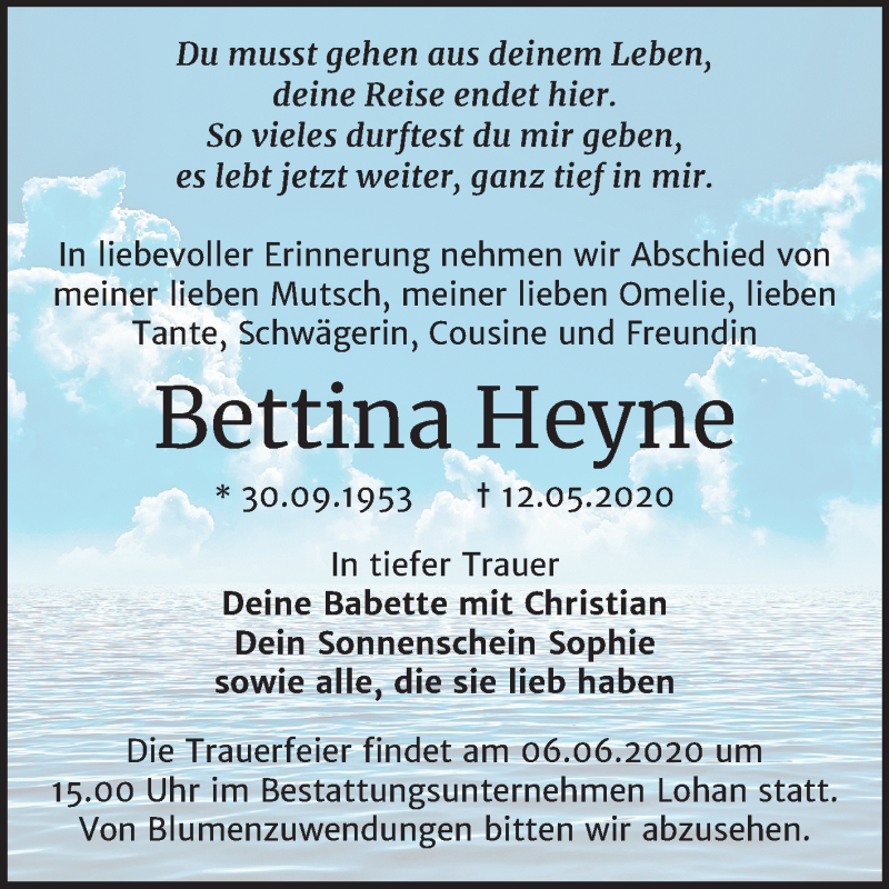  Traueranzeige für Bettina Heyne vom 20.05.2020 aus Wochenspiegel Bitterfeld