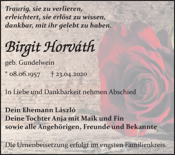 Traueranzeige von Birgit Horváth von Mitteldeutsche Zeitung Bitterfeld