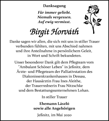 Traueranzeige von Birgit Horváth von Mitteldeutsche Zeitung Bitterfeld