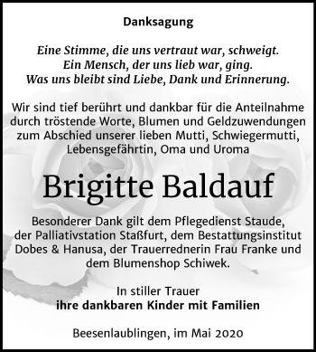 Traueranzeige von Brigitte Baldauf von Mitteldeutsche Zeitung Bernburg