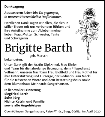 Traueranzeige von Brigitte Barth von Super Sonntag Sangerhausen