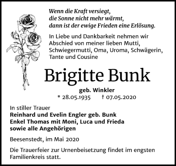 Traueranzeige von Brigitte Bunk von Mitteldeutsche Zeitung Halle/Saalkreis