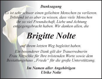 Traueranzeige von Brigitte Nolte von Super Sonntag Dessau-Roßlau