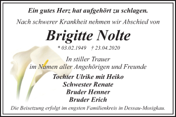 Traueranzeige von Brigitte Nolte von Super Sonntag Dessau-Roßlau