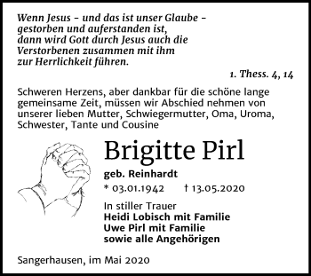 Traueranzeige von Brigitte Pirl von Super Sonntag Sangerhausen