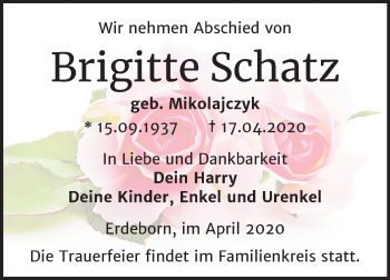 Traueranzeige von Brigitte Schatz von Super Sonntag Mansfelder Land