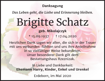 Traueranzeige von Brigitte Schatz von Mitteldeutsche Zeitung Mansfelder Land