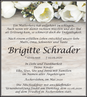 Traueranzeige von Brigitte Schrader von Super Sonntag Aschersleben