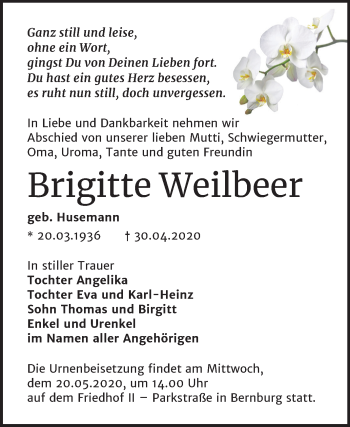 Traueranzeige von Brigitte Weilbeer von Mitteldeutsche Zeitung Bernburg