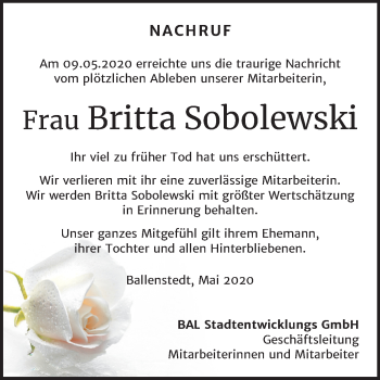 Traueranzeige von Britta Sobolewski von Super Sonntag Quedlinburg