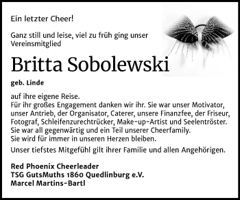 Traueranzeige von Britta Sobolewski von Super Sonntag Quedlinburg