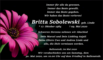 Traueranzeige von Britta Sobolewski von Super Sonntag Quedlinburg