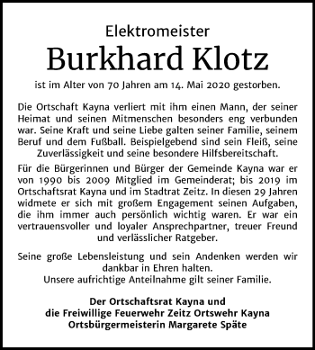 Traueranzeige von Burkhard Klotz von Super Sonntag Zeitz