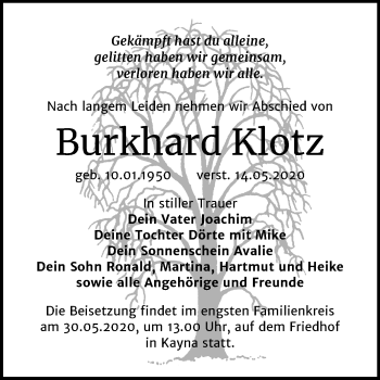 Traueranzeige von Burkhard Klotz von Super Sonntag Zeitz