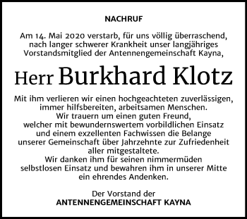 Traueranzeige von Burkhard Klotz von Mitteldeutsche Zeitung Zeitz
