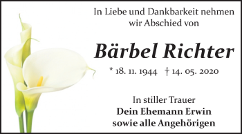 Traueranzeige von Bärbel Richter von Mitteldeutsche Zeitung Bitterfeld