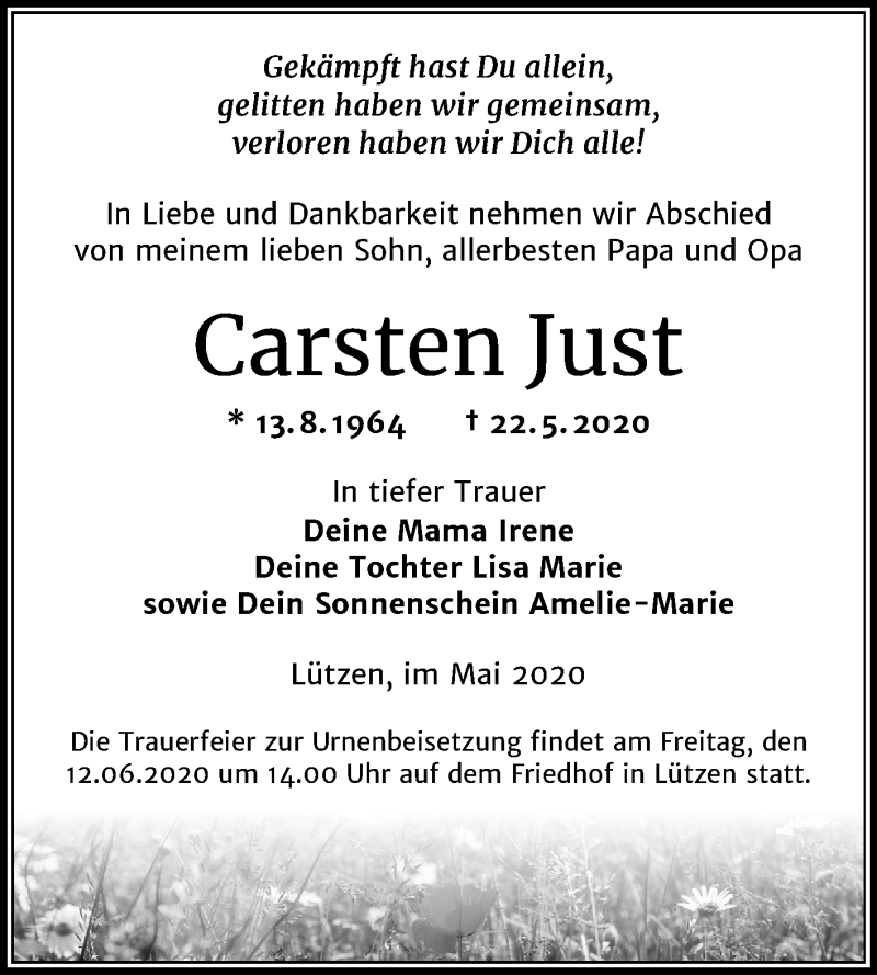  Traueranzeige für Carsten Just vom 30.05.2020 aus Mitteldeutsche Zeitung Weißenfels