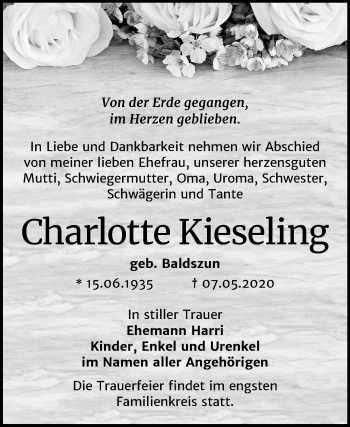 Traueranzeige von Charlotte Kieseling von Mitteldeutsche Zeitung Bernburg