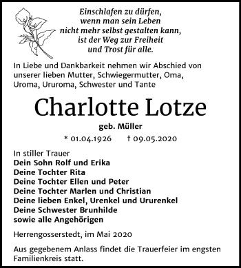 Traueranzeige von Charlotte Lotze von Mitteldeutsche Zeitung Naumburg/Nebra
