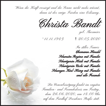 Traueranzeige von Christa Bandt von Super Sonntag Wittenberg