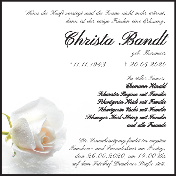 Traueranzeige von Christa Bandt von Mitteldeutsche Zeitung Wittenberg
