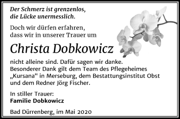 Traueranzeige von Christa Dobkowicz von Mitteldeutsche Zeitung Merseburg/Querfurt