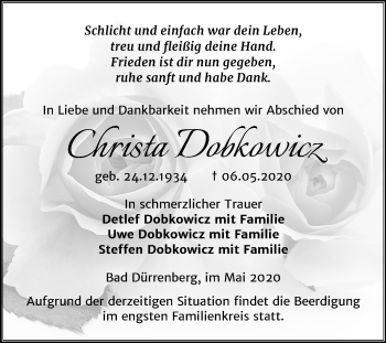 Traueranzeige von Christa Dobkowicz von Mitteldeutsche Zeitung Merseburg/Querfurt