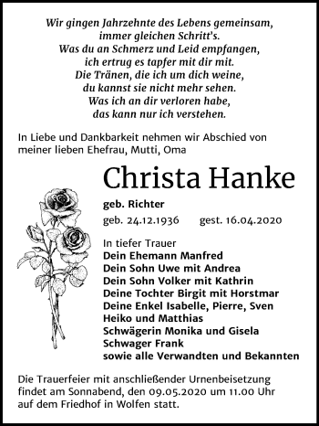 Traueranzeige von Christa Hanke von Mitteldeutsche Zeitung Bitterfeld