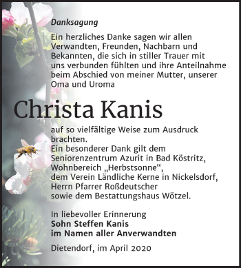 Traueranzeige von Christa Kanis von Mitteldeutsche Zeitung Zeitz