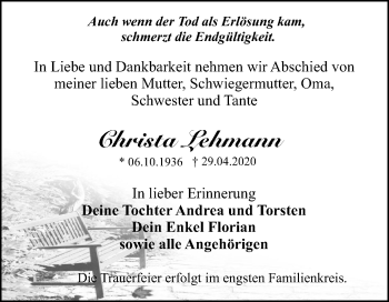 Traueranzeige von Christa Lehmann von Mitteldeutsche Zeitung Dessau-Roßlau