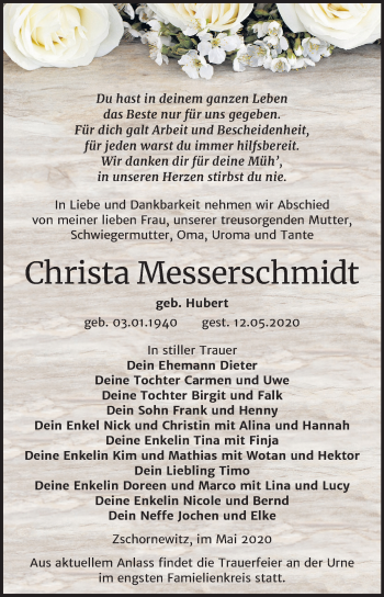 Traueranzeige von Christa Messerschmidt von Mitteldeutsche Zeitung Wittenberg