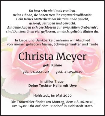 Traueranzeige von Christa Meyer von Super Sonntag Sangerhausen