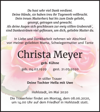 Traueranzeige von Christa Meyer von Mitteldeutsche Zeitung Sangerhausen