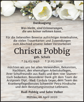 Traueranzeige von Christa Pobbig von Mitteldeutsche Zeitung Wittenberg